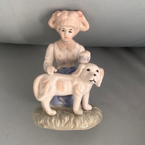Porcelain Figurine Girl brushing Dog - Cream and Blue